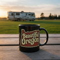 Black glossy mug with Beautiful Oregon rustic design at RV campsite