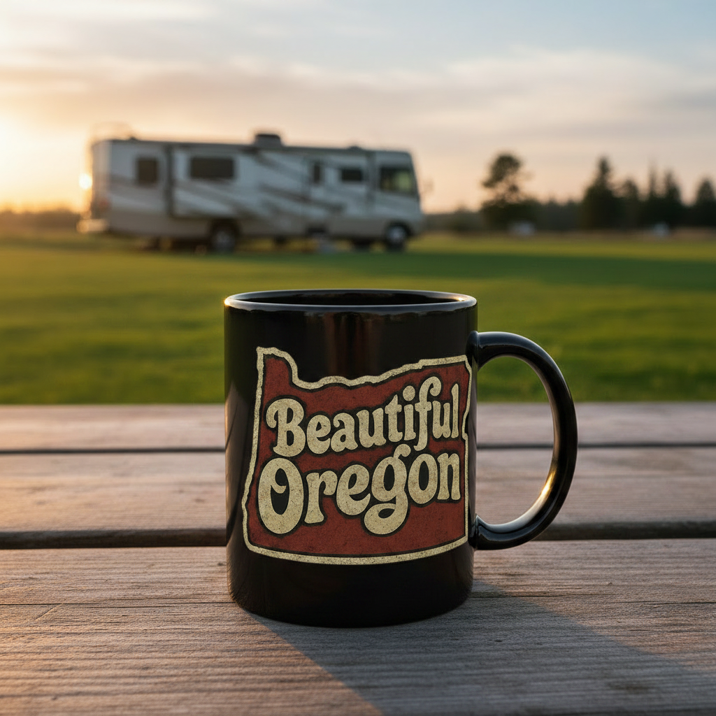 Black glossy mug with Beautiful Oregon rustic design at RV campsite