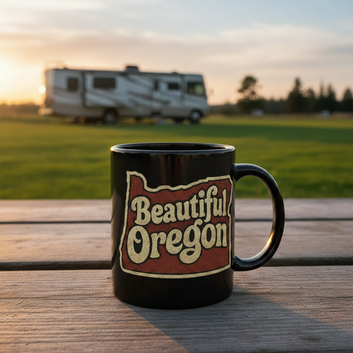 Black glossy mug with Beautiful Oregon rustic design at RV campsite