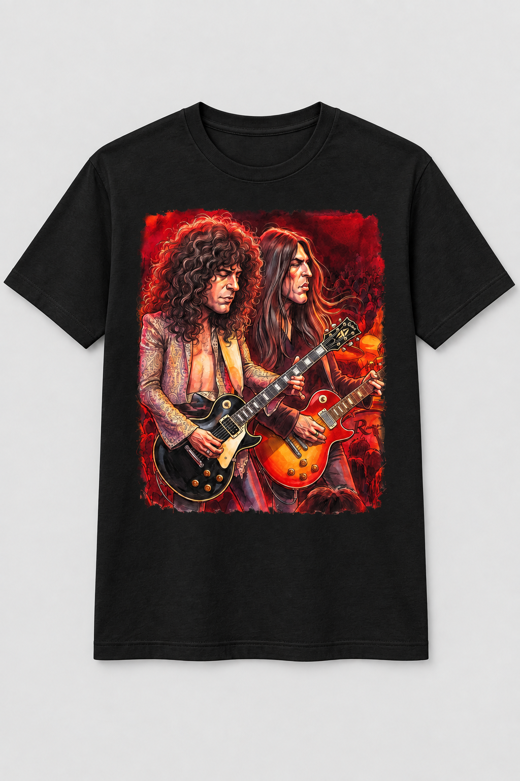 Scott and Robbo guitar legends caricature tee artwork